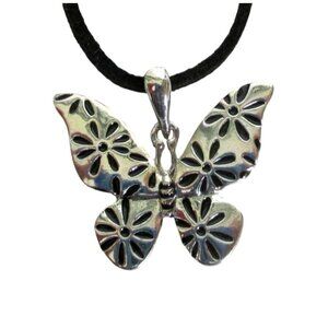 New Butterfly with Engraved Flowers Pendant Necklace With 18" to 20" Black Suede